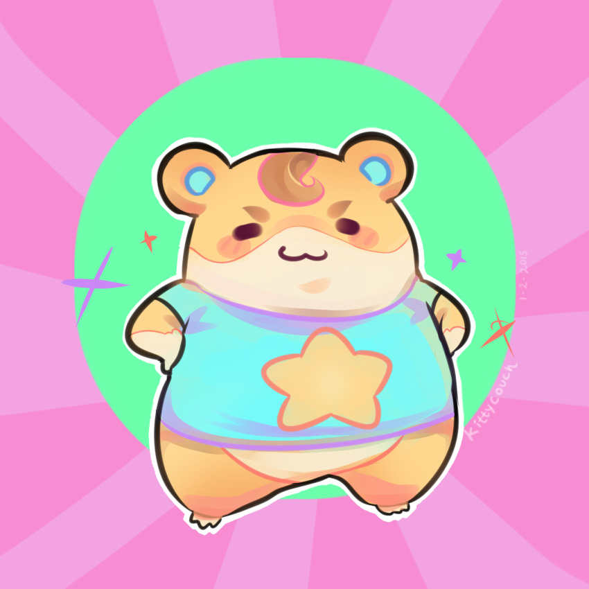 1boy, artist_name, blush, closed_eyes, doubutsu_no_mori, furry, hamster, hamusuke_(doubutsu_no_mori), highres, kittycouch, pink_background, solo, sparkle, star