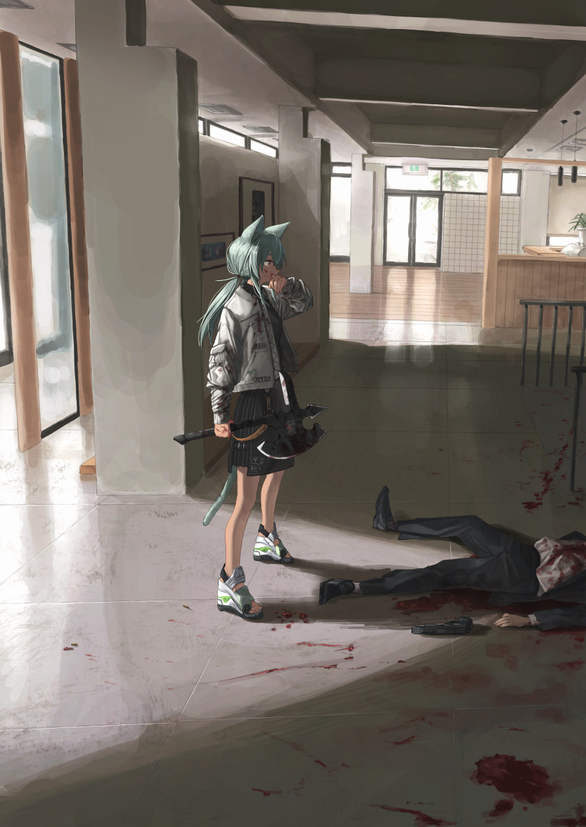 1boy, 1girl, absurdres, animal_ears, blood, blood_on_face, blood_splatter, bloody_axe