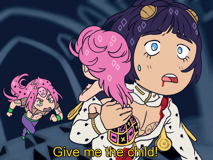 1girl, 2boys, blood, blue_eyes, bruno_buccellati, chasing, diavolo, english_commentary, english_text, father_and_daughter, gamusaur, green_eyes, hair_ornament, highres, injury, jojo_no_kimyou_na_bouken, long_hair, meme, monsters_inc., multiple_boys, parody, pink_hair, running, subtitled, sweatdrop, trish_una, vento_aureo