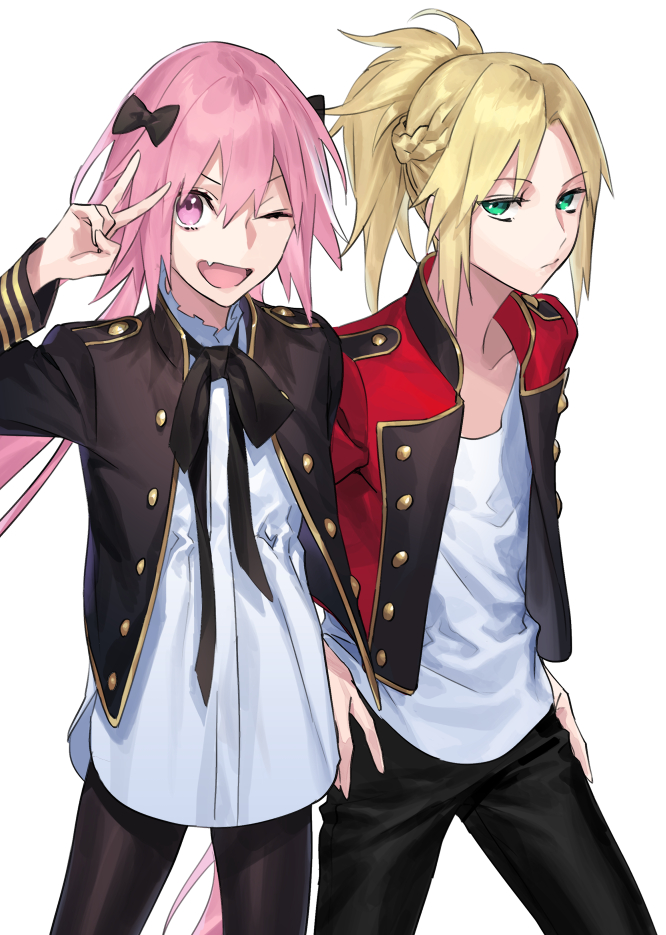 1boy, 1girl, astolfo_(fate), bangs, black_bow, black_jacket, black_pants, blonde_hair