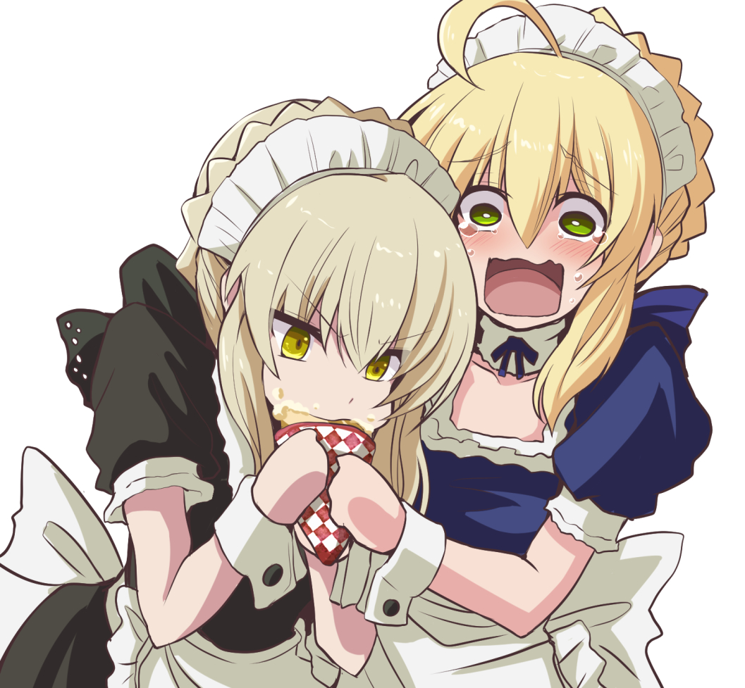 2girls, :0, alternate_costume, antenna_hair, apron, artoria_pendragon_(all), bangs, black_bow