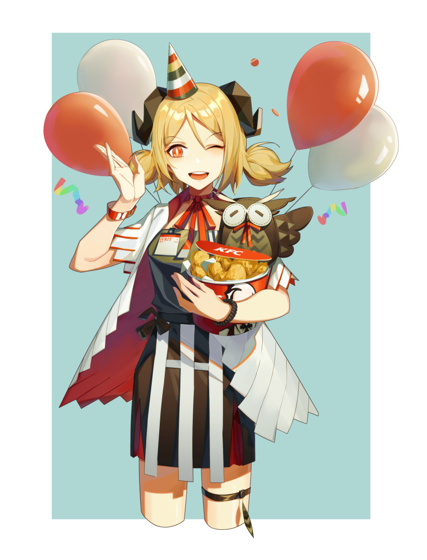 1girl, ;d, absurdres, arknights, balloon, black_dress, blonde_hair, blue_background