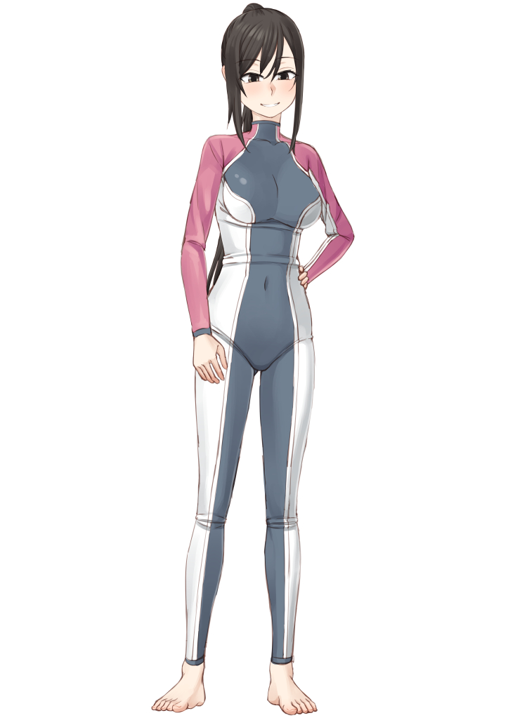 1girl, amanchu!, barefoot, black_eyes, black_hair, commentary_request, covered_navel, easy_(aqk7bdqt)