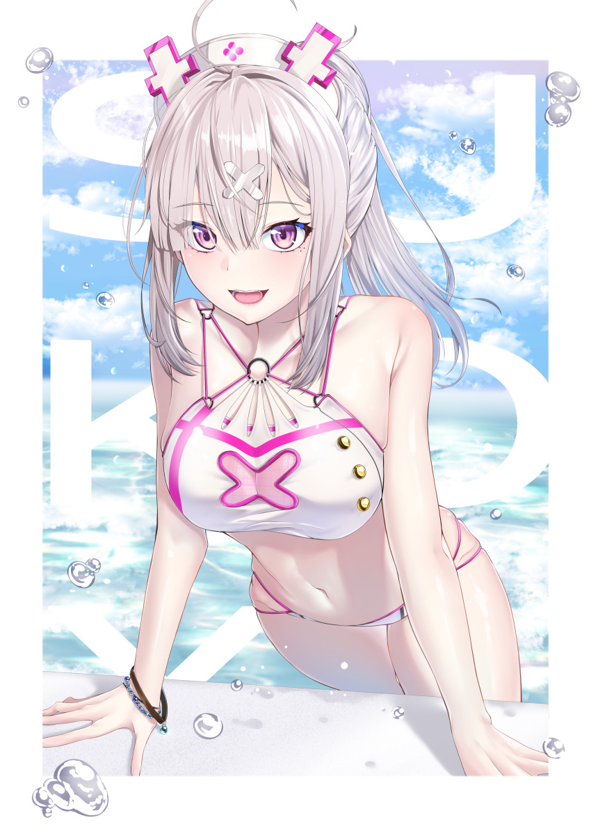 1girl, :d, absurdres, ahoge, bare_shoulders, bikini, bracelet, breasts
