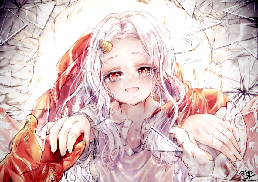 1girl, bandages, blood, blood_stain, boku_no_hero_academia, cape, child, colored_eyelashes, crying, crying_with_eyes_open, eri_(boku_no_hero_academia), glass_shards, gloves, half-closed_eyes, highres, holding_hands, horn, htdr_hatidori, looking_at_viewer, messy_hair, pov, red_eyes, red_gloves, relief, shattered, smile, solo_focus, streaming_tears, tears, unbuttoned, unbuttoned_shirt, white_gloves, white_hair
