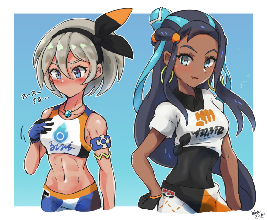 2girls, :d, abs, armlet, bangs, bare_shoulders, black_bodysuit, black_hair, black_hairband, blue_background, blue_eyes, blue_gloves, blue_hair, blue_shorts, blush, bodysuit, bodysuit_under_clothes, breasts, clothes_writing, collarbone, collared_shirt, commentary_request, cosplay, costume_switch, covered_navel, dark_skin, earrings, gloves, grey_eyes, grey_hair, gym_leader, hair_between_eyes, hair_bun, hairband, hand_on_hip, hoop_earrings, jewelry, long_hair, looking_at_viewer, looking_down, medium_breasts, midriff, motion_lines, multicolored_hair, multiple_girls, navel, necklace, nose_blush, open_mouth, orange_gloves, pokemon, pokemon_(game), pokemon_swsh, print_shorts, rurina_(pokemon), rurina_(pokemon)_(cosplay), saitou_(pokemon), saitou_(pokemon)_(cosplay), shirt, short_hair, short_sleeves, shorts, sidelocks, signature, simple_background, single_glove, small_breasts, smile, sparkle, sportswear, swimsuit, tankini, tied_shirt, toned, translation_request, two-tone_gloves, two-tone_hair, upper_body, wakaba_(wata_ridley)