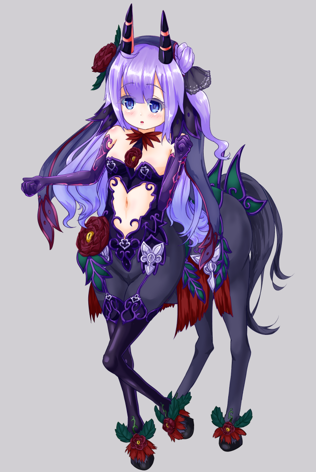 1girl, :o, ahoge, azur_lane, bangs, bare_shoulders, bicorn, black_bow, black_ribbon, blush, bow, breasts, centaur, clenched_hands, commentary_request, elbow_gloves, eyebrows_visible_through_hair, flower, full_body, garter_straps, gloves, grey_background, hair_between_eyes, hair_bun, hair_flower, hair_ornament, hana_yamakiri, heart_cutout, hooves, horns, horse_legs, horse_tail, leg_up, leotard, long_hair, looking_at_viewer, monster_girl, monster_girl_encyclopedia, monsterification, navel, navel_cutout, one_side_up, purple_gloves, purple_hair, purple_legwear, purple_leotard, red_flower, red_rose, ribbon, rose, side_bun, sidelocks, small_breasts, solo, standing, strapless, strapless_leotard, tail, thigh-highs, unicorn_(azur_lane), violet_eyes
