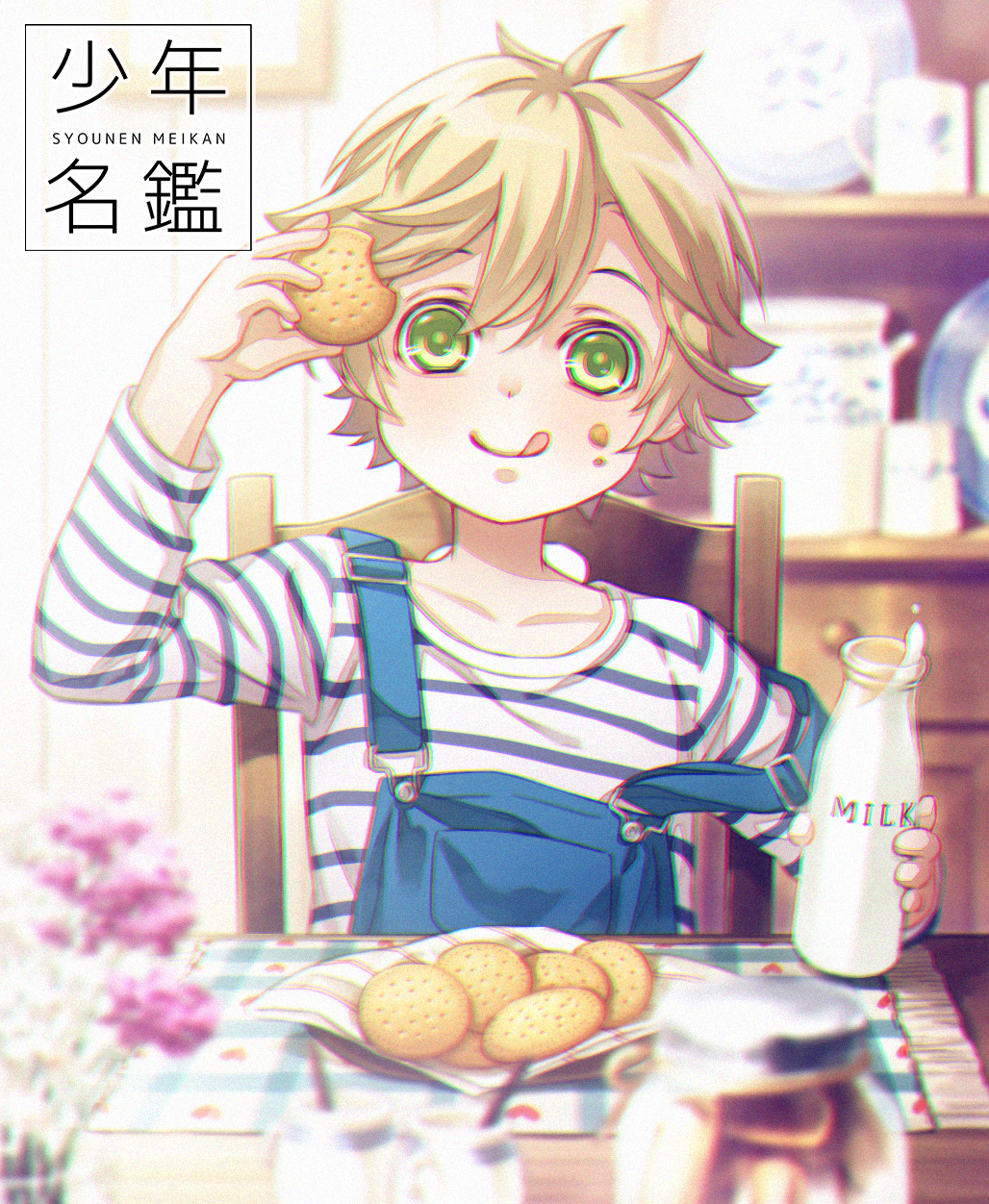 1boy, :p, blonde_hair, blue_eyes, bottle, chair, chiyuru_(couture_tulle), chromatic_aberration