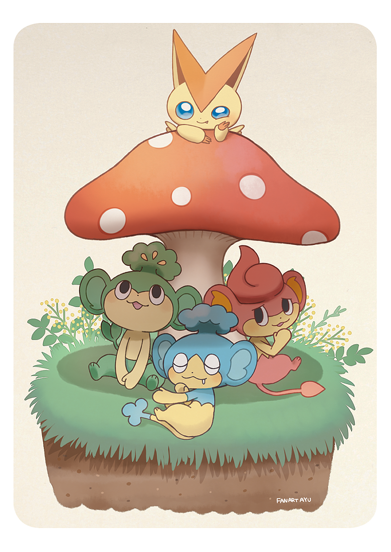 ayu_(mog), black_eyes, blue_eyes, creature, full_body, gen_5_pokemon, grass, lying