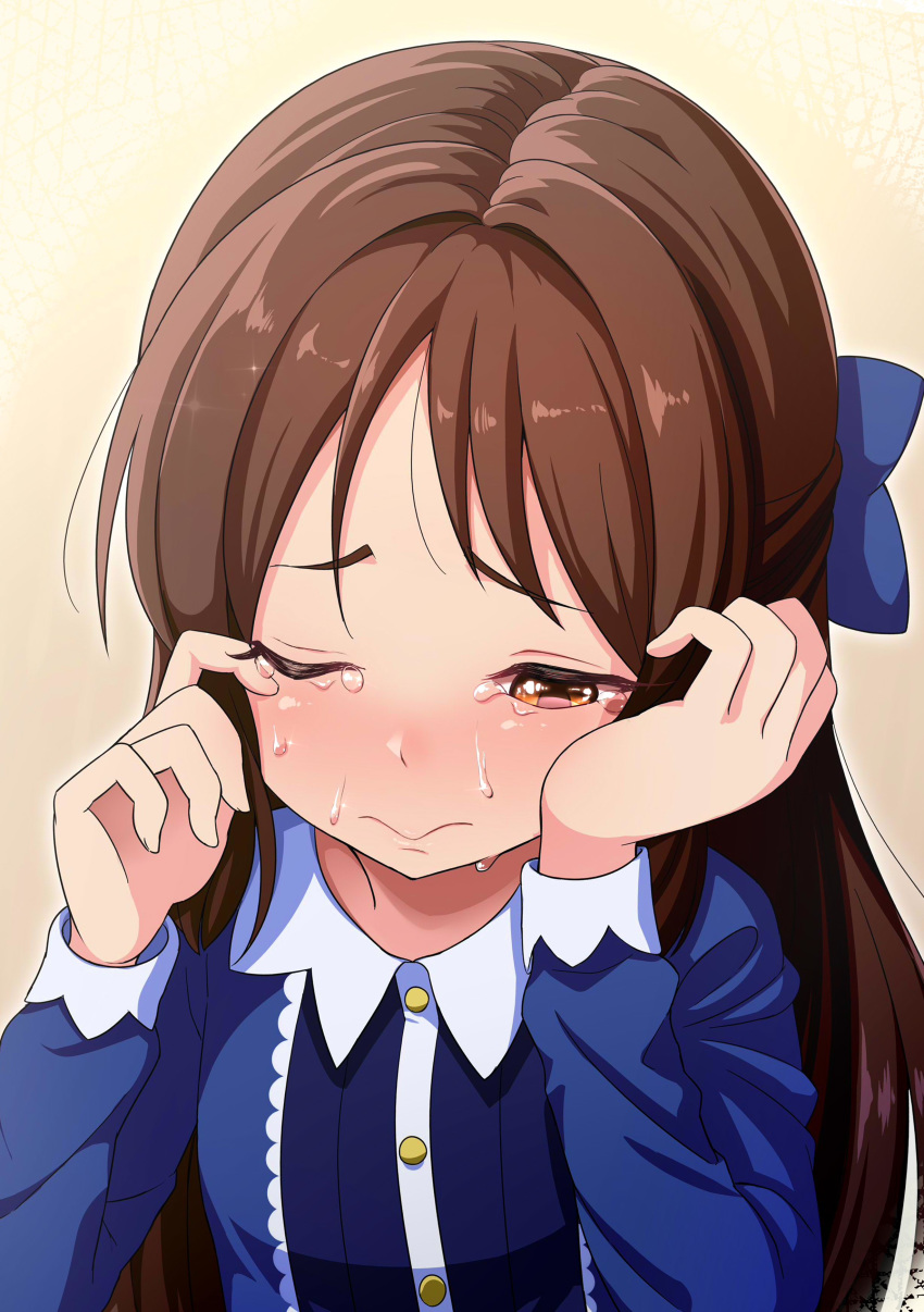 1girl, absurdres, bangs, blue_bow, blue_dress, blush, bow, brown_eyes