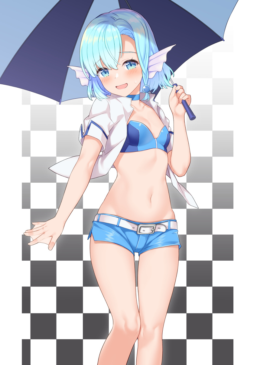 1girl, :d, absurdres, belt, blue_eyes, blue_hair, blue_shorts, breasts