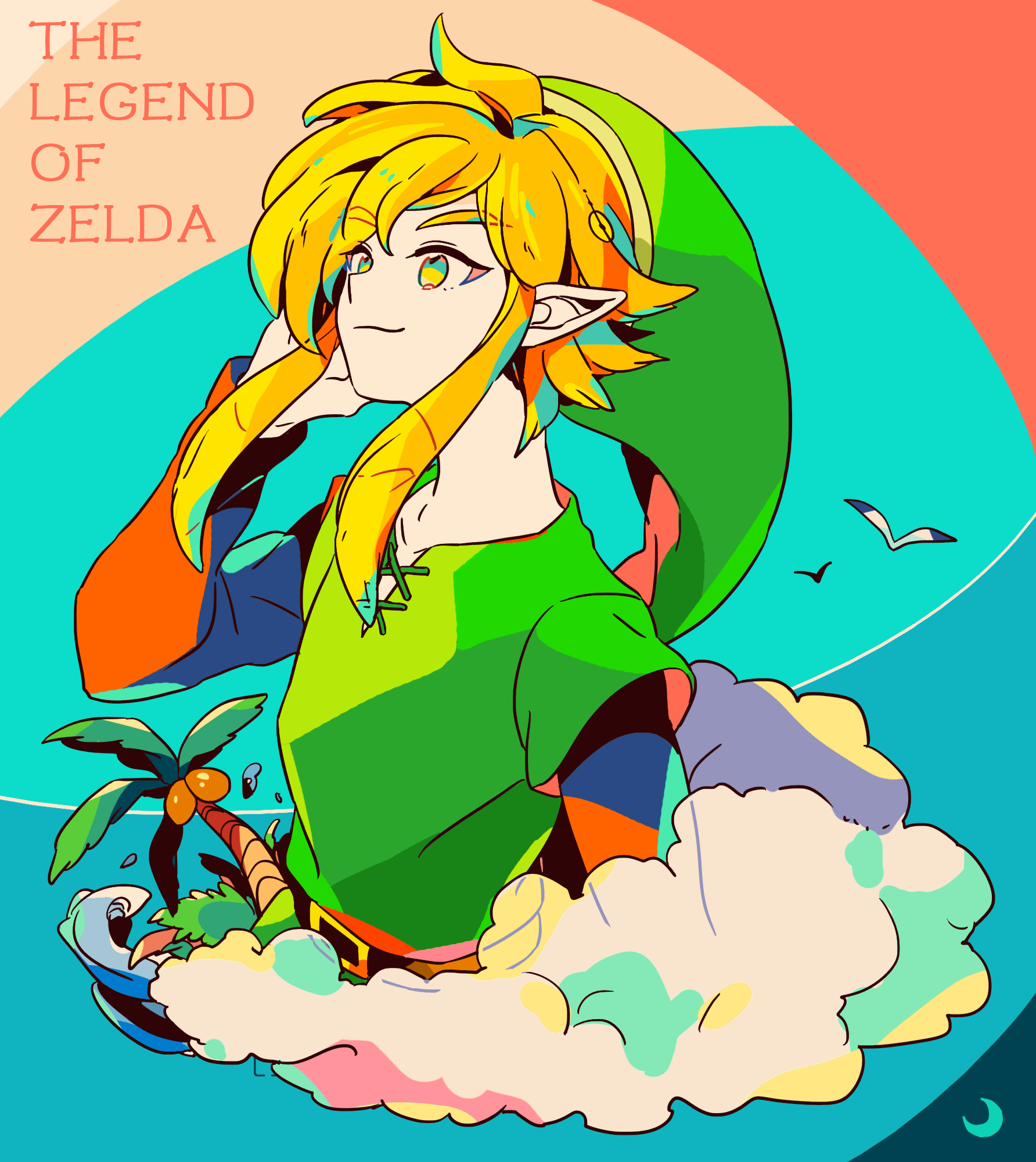 1boy, belt, bird, blonde_hair, blue_background, clouds, copyright_name, hand_up