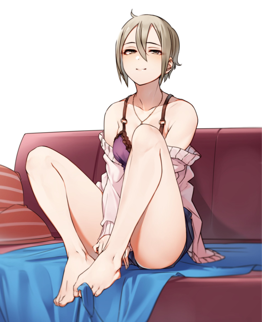 1girl, bare_legs, bare_shoulders, barefoot, bed_sheet, blush, brown_eyes, camisole