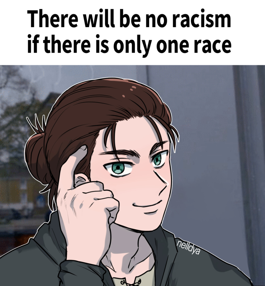 1boy, artist_name, brown_hair, commentary, english_commentary, english_text, eren_yeager, green_eyes, hair_bun, highres, hood, hoodie, jacket, looking_at_viewer, medium_hair, meme, nelldya, parody, pointing, pointing_at_self, roll_safe_(meme), shingeki_no_kyojin, signature, smile, solo, tied_hair, truth
