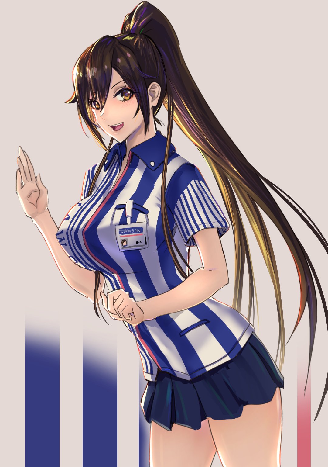 1girl, :d, black_hair, blue_skirt, breasts, collared_shirt, commentary_request, employee_uniform, hair_between_eyes, hand_up, high_ponytail, highres, id_card, idolmaster, idolmaster_shiny_colors, lanzer, large_breasts, lawson, long_hair, miniskirt, name_tag, open_mouth, pleated_skirt, ponytail, shirase_sakuya, shirt, short_sleeve, sidelocks, skirt, smile, store_clerk, striped, striped_shirt, thighs, uniform, vertical-striped_shirt, vertical_stripes, very_long_hair, yellow_eyes