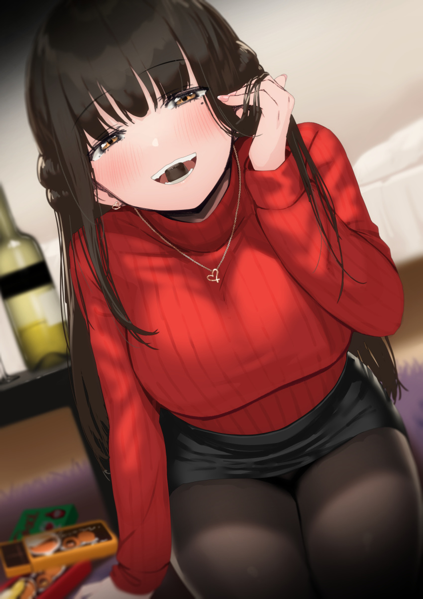 1girl, bangs, black_skirt, blush, breasts, brown_eyes, brown_hair, brown_legwear