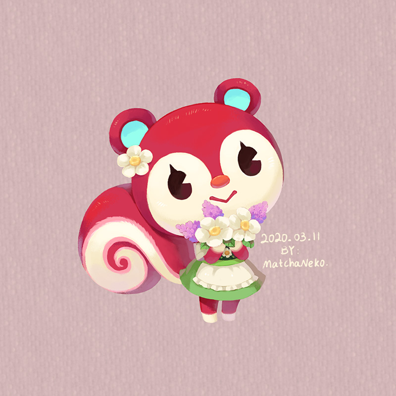 1girl, animal_ears, apron, artist_name, brown_background, dated, doubutsu_no_mori, flower