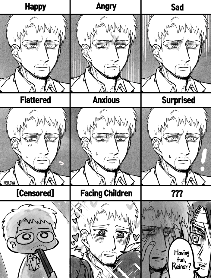 ??, bandage_over_one_eye, black_hair, blonde_hair, eren_yeager, expression_chart, expressionless, expressions