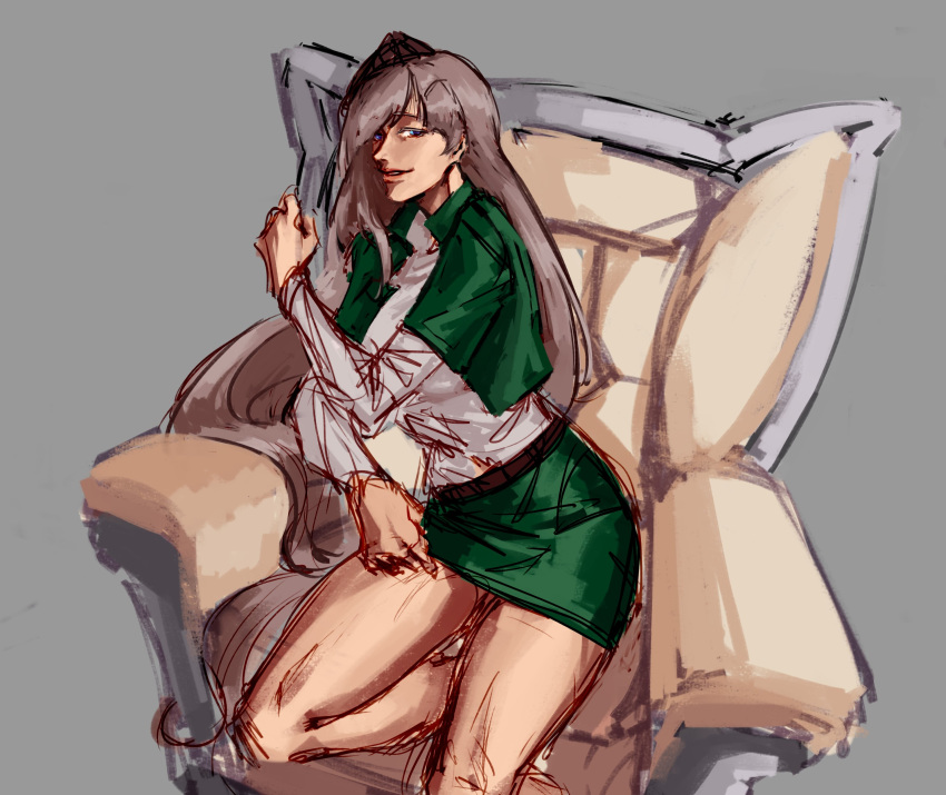 absurdres, couch, green_skirt, grey_hair, grey_shirt, highres, long_hair, looking_at_viewer, lying, moskva_(warship_girls_r), on_side, shirt, skirt, smile, tu_mewn, warship_girls_r
