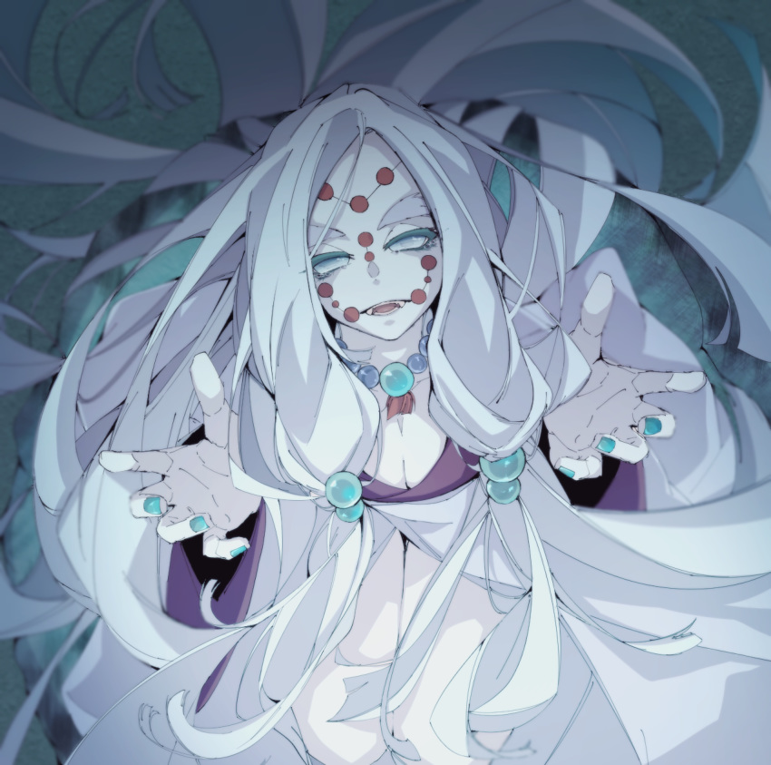 1girl, absurdres, aqua_nails, bead_necklace, beads, breasts, facial_tattoo, fujiwara_135, highres, japanese_clothes, jewelry, kimetsu_no_yaiba, kimono, long_hair, long_sleeves, mother_spider_demon_(kimetsu_no_yaiba), necklace, rock, sitting, solo, tattoo, tearing_up, tears, white_eyes, white_hair