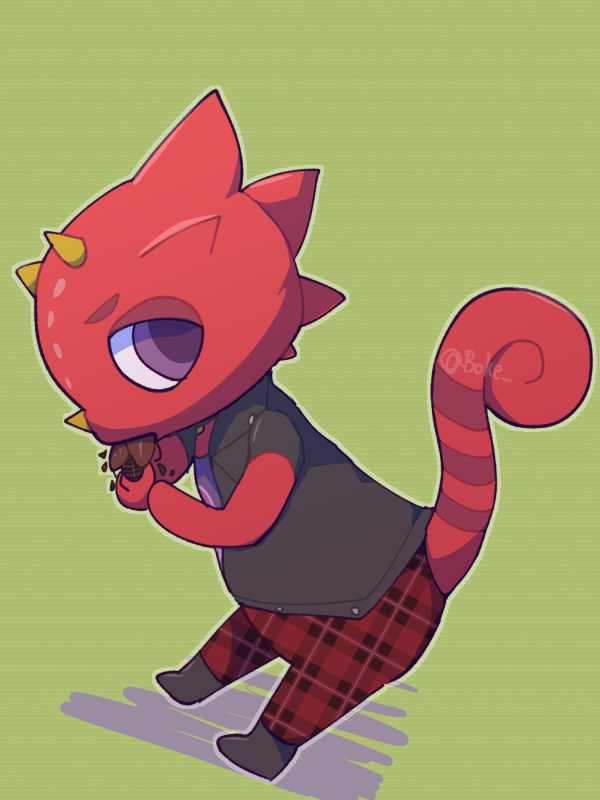 1boy, boke-chan, boots, bug, chameleon, chameleon_tail, doubutsu_no_mori, eating, furry, green_background, horns, rex_(doubutsu_no_mori), solo, tail, violet_eyes