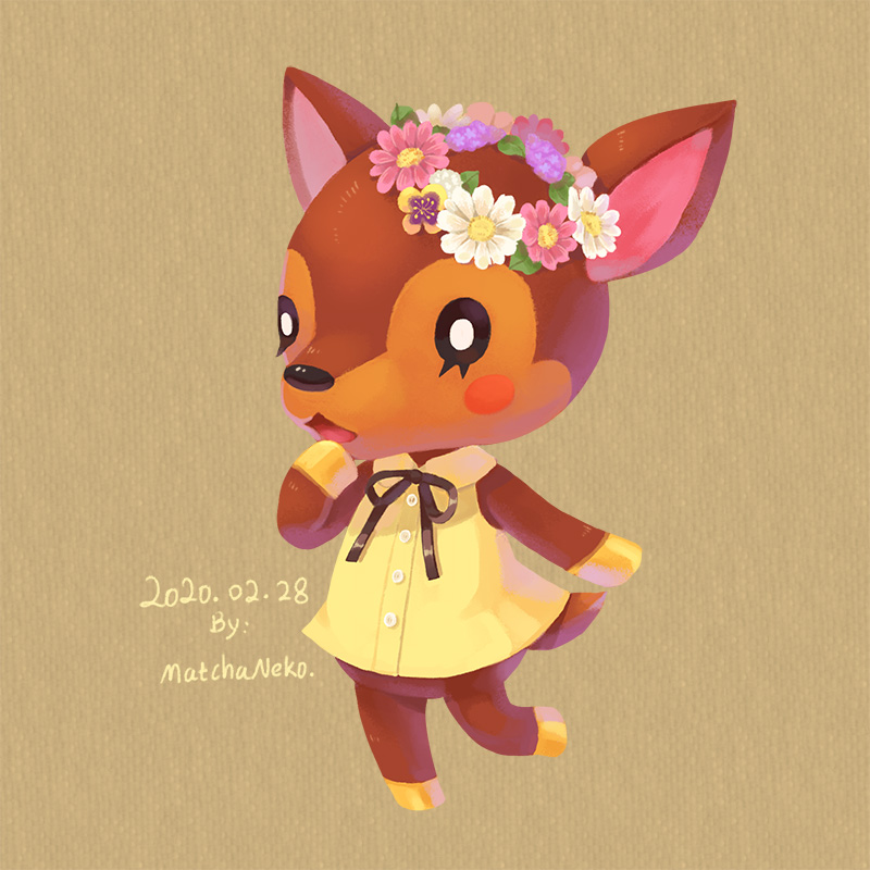 1girl, animal_ears, artist_name, bow, dated, deer_ears, deer_tail, doremi_(doubutsu_no_mori), doubutsu_no_mori, flower, furry, leaf, matchaneko, open_mouth, solo