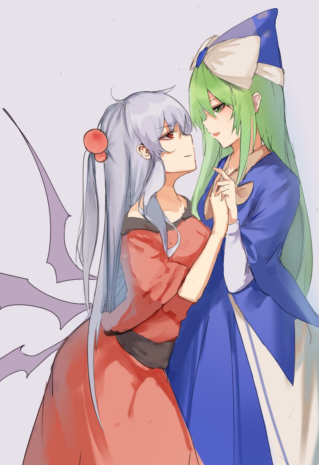 2girls, blue_cape, blue_shirt, blue_skirt, breasts, cape, dress, green_eyes, green_hair, hat, hat_ribbon, highres, kuroko_tori, long_hair, looking_at_another, mima, multiple_girls, mystic_square, one_side_up, red_eyes, ribbon, shinki, shirt, silver_hair, simple_background, skirt, touhou, touhou_(pc-98), white_ribbon, wings, wizard_hat