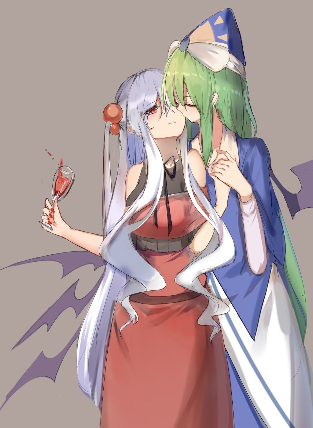2girls, bare_shoulders, blue_eyes, breasts, dress, eyebrows_visible_through_hair, green_eyes, green_hair