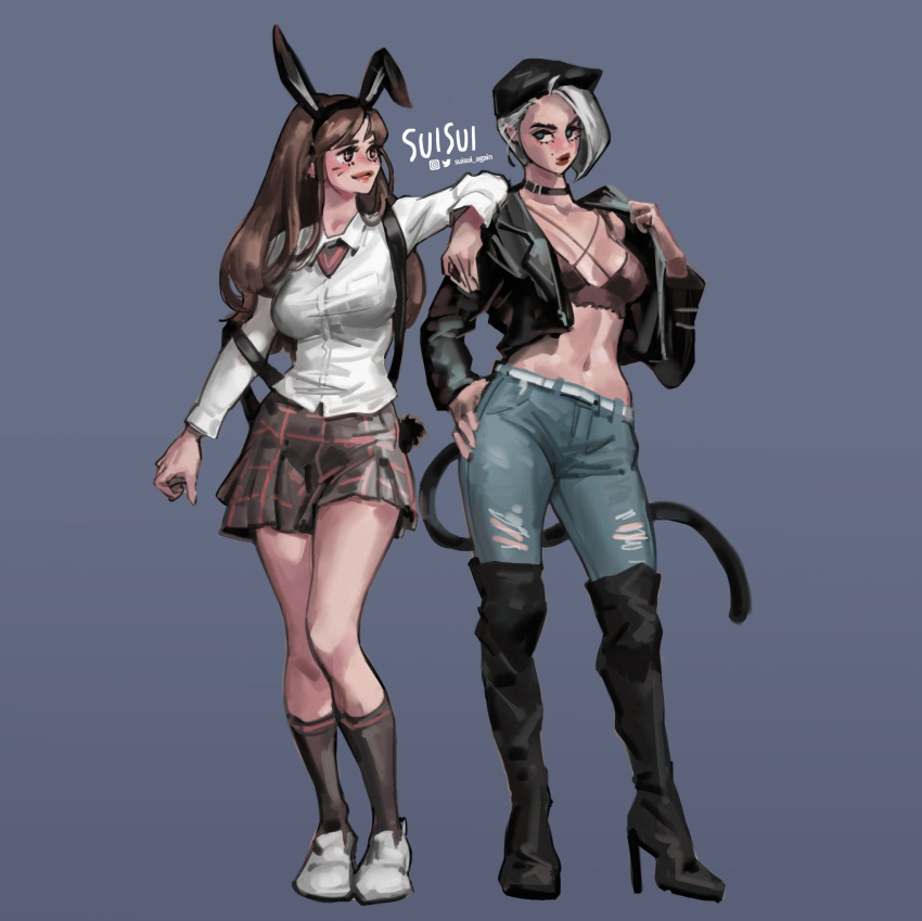 2girls, animal_ears, arm_on_shoulder, ashe_(overwatch), asymmetrical_hair, black_jacket, black_skirt, blue_eyes