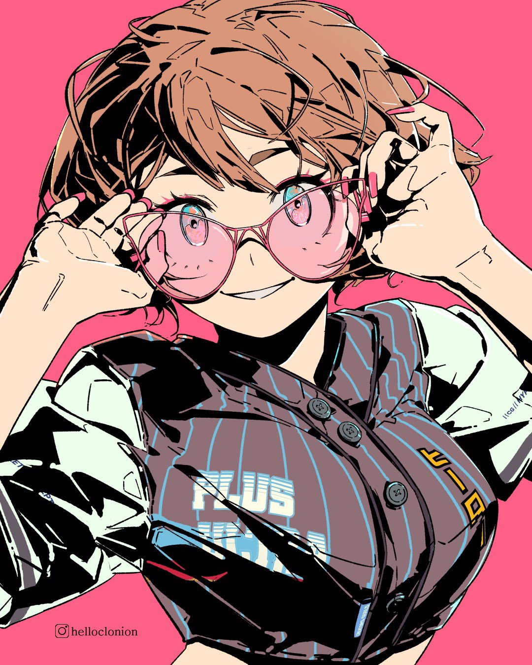 1girl, adjusting_eyewear, alternate_costume, arms_up, artist_name, boku_no_hero_academia, breasts, brown_eyes, brown_hair, clonion, eyebrows_visible_through_hair, grin, highres, large_breasts, looking_at_viewer, parted_lips, pink_nails, red_background, short_hair, simple_background, smile, solo, sunglasses, twitter_username, uraraka_ochako