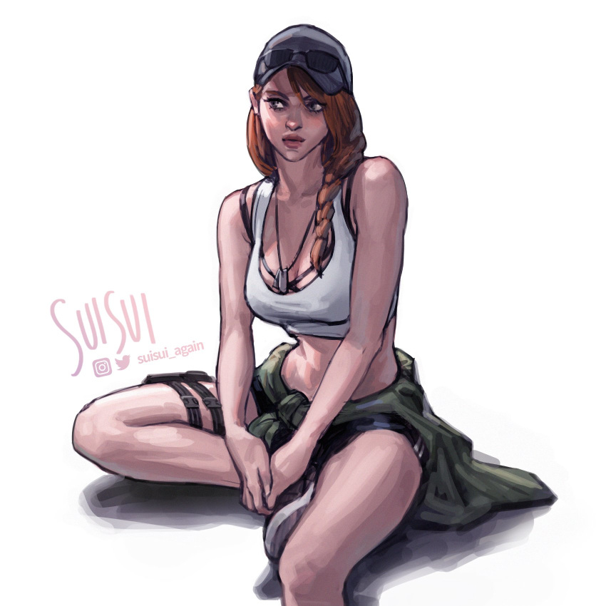 1girl, artist_name, ash_(rainbow_six_siege), baseball_cap, black_bra, bra, bra_strap, braid