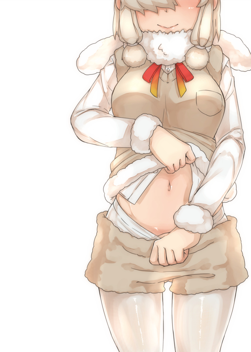 1girl, alpaca_suri_(kemono_friends), bangs, beige_shorts, beige_vest, blonde_hair, breast_pocket, closed_mouth