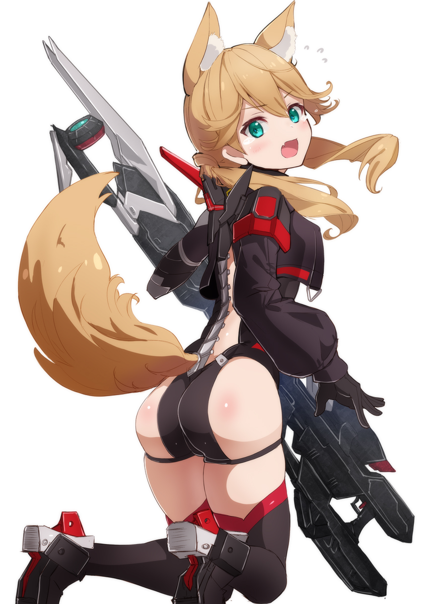 1girl, alice_gear_aegis, animal_ear_fluff, animal_ears, ass, black_footwear, black_gloves, black_jacket
