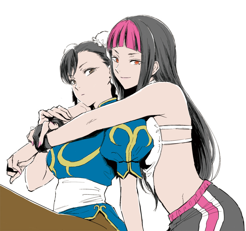 2girls, alternate_costume, alternate_hairstyle, black_hair, bun_cover, chinese_clothes, chun-li, coelacanth_(gyotaku)