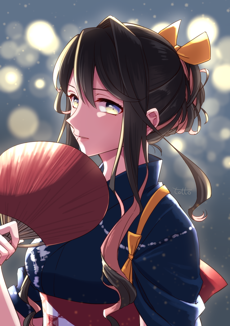 1girl, artist_name, bangs, black_hair, blue_kimono, blush, breasts, commentary_request