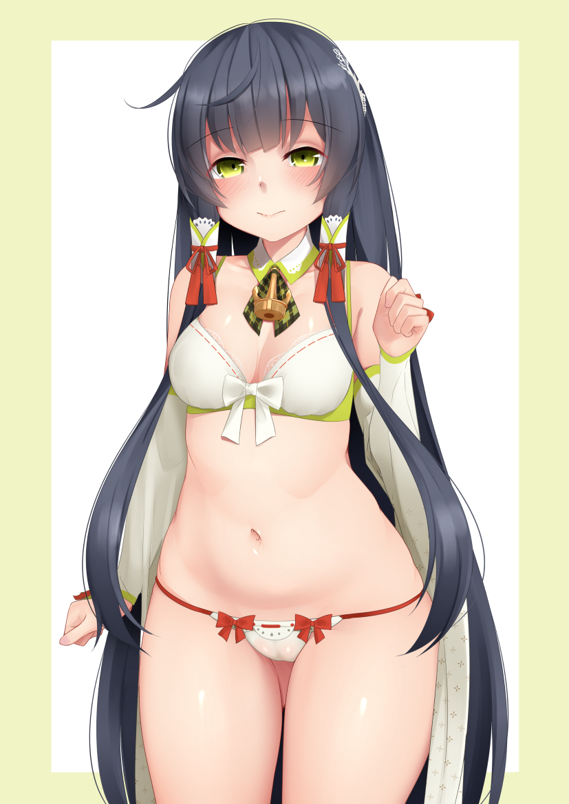 1girl, black_hair, blush, bra, breasts, closed_mouth, hair_ornament, hair_ribbon