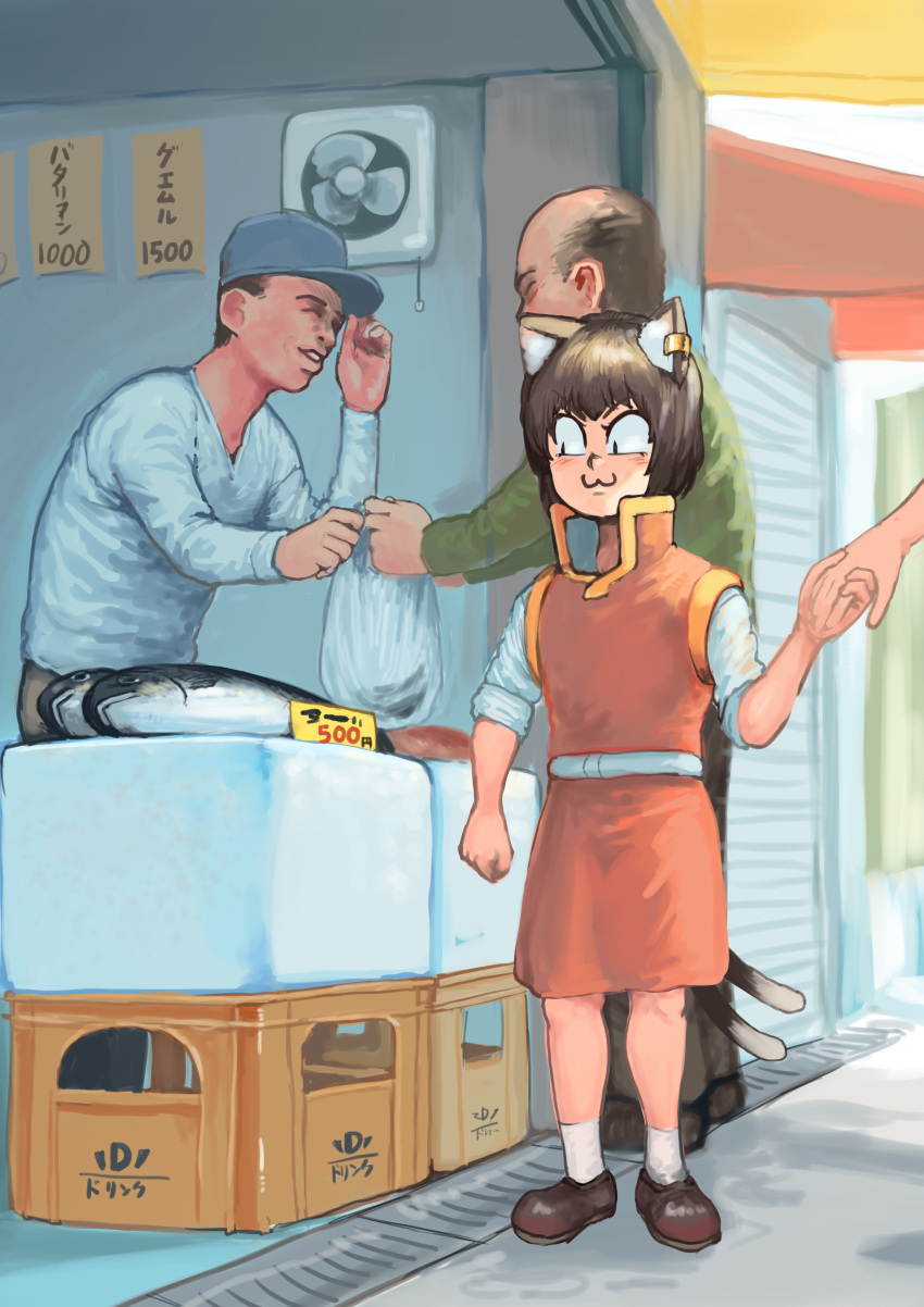 1girl, 2boys, :3, absurdres, balding, baseball_cap, brown_footwear, brown_hair, cat_tail, chanta_(ayatakaoisii), chen, constricted_pupils, day, fish, fish_market, grin, hat, highres, holding_hands, long_sleeves, looking_away, multiple_boys, multiple_tails, no_hat, no_headwear, out_of_frame, outdoors, price, red_skirt, red_vest, shiny, shiny_hair, shirt, shopping, skirt, skirt_set, sleeves_rolled_up, smile, socks, standing, tail, touhou, two_tails, vest, white_legwear, white_shirt