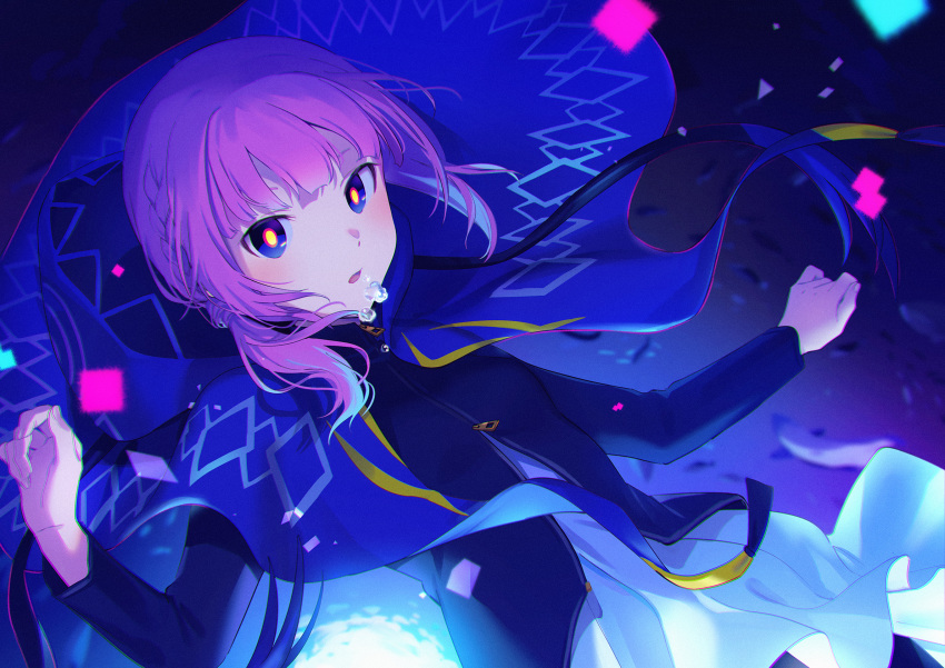 1girl, black_jacket, blue_eyes, blush, braid, bubble, capelet, commentary