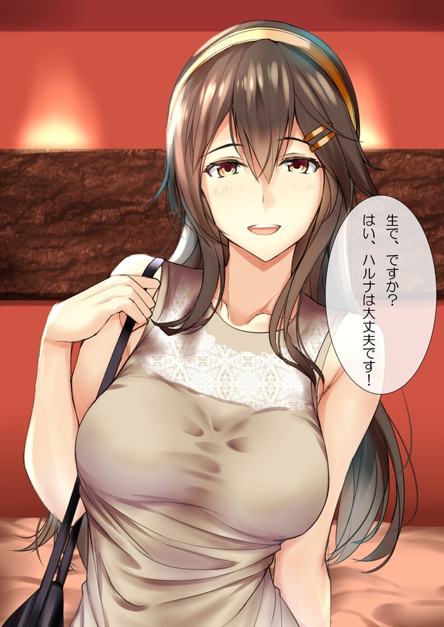 1girl, alternate_costume, bag, bangs, bedroom, blush, breasts, brown_eyes