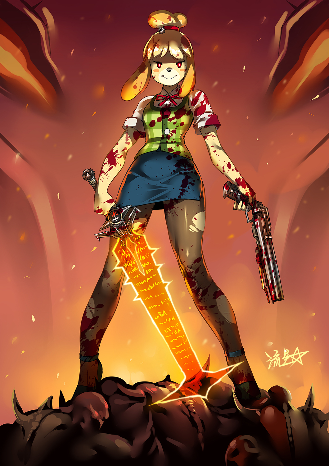 1girl, animal_ears, bell, blonde_hair, blood, blood_on_face, blood_splatter, bloody_clothes