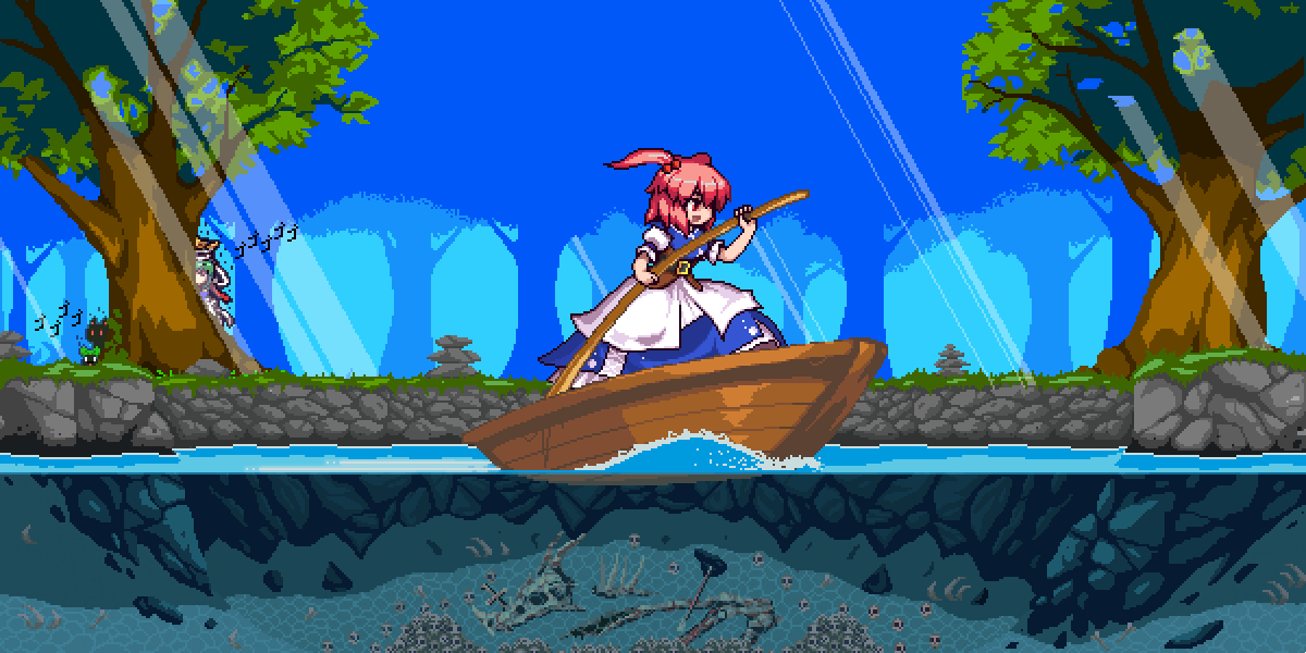 4girls, aura, belt, bird, blue_background, boat, bone, bow