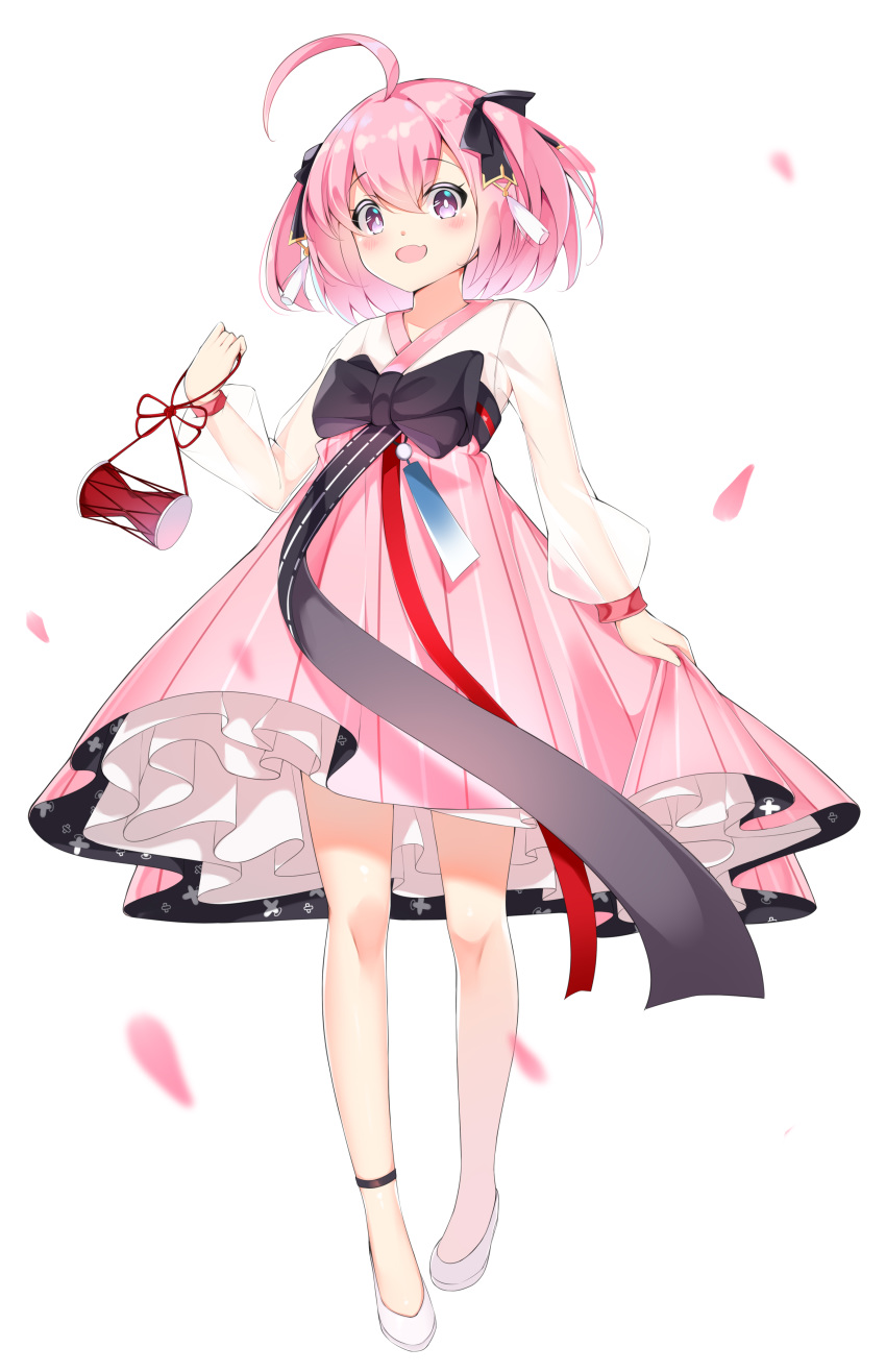 1girl, absurdres, ahoge, alternate_costume, azur_lane, blush, bow, breasts, eyebrows_visible_through_hair, full_body, hair_ornament, hair_ribbon, hanbok, hanbok_lift, highres, korean_clothes, looking_at_viewer, open_mouth, pink_eyes, pink_hair, ribbon, saratoga_(azur_lane), saratoga_(hibiscus-scented_idol)_(azur_lane), short_hair, sidelocks, small_breasts, smile, solo, standing, tachi-e, tming, twintails, violet_eyes