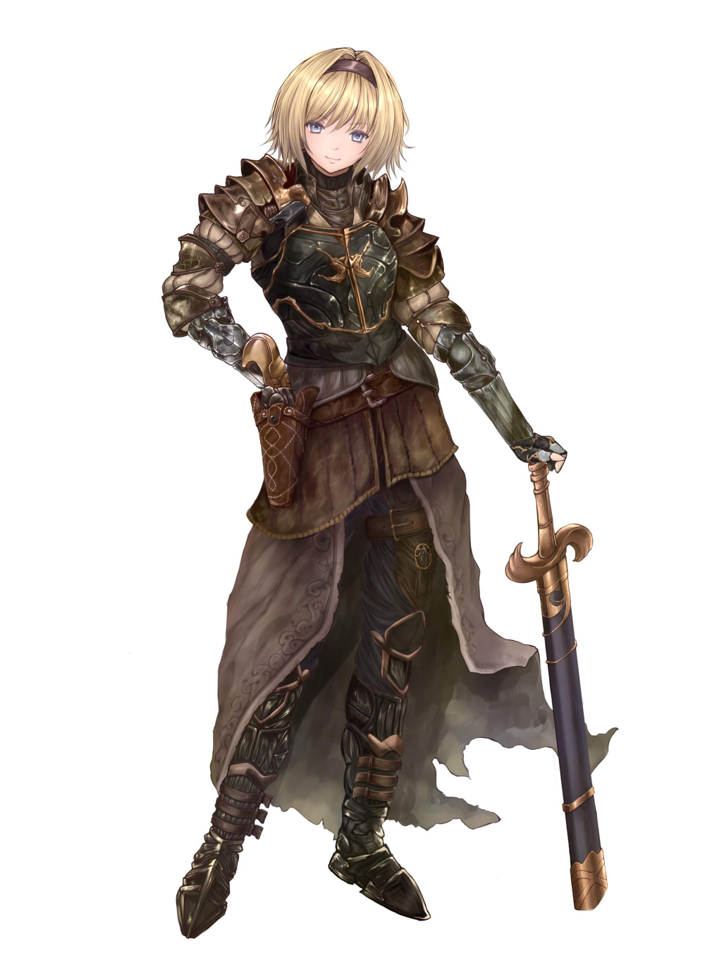 1girl, armor, blonde_hair, blue_eyes, breastplate, commentary_request, contrapposto, eyebrows_visible_through_hair