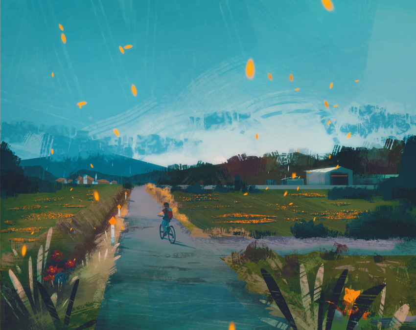 1boy, abra, backpack, bag, bicycle, blue_sky, commentary, day, field, from_behind, gen_1_pokemon, gloom, grass, ground_vehicle, highres, horizon, male_focus, outdoors, petals, pokemon, pokemon_(creature), pokemon_(game), pokemon_rgby, red_(pokemon), riding, road, scenery, shadow, simone_mandl, sky, street, wide_shot