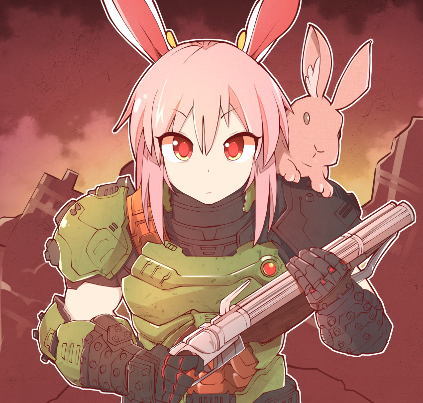 1girl, absurdres, animal_ears, armor, cosplay, doom_(game), doom_eternal, doomguy