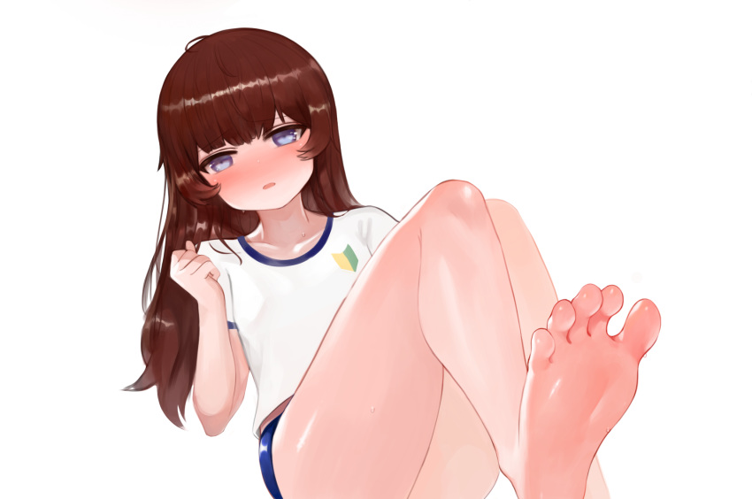 1girl, bangs, bare_legs, barefoot, blue_buruma, blue_eyes, blush, brown_hair