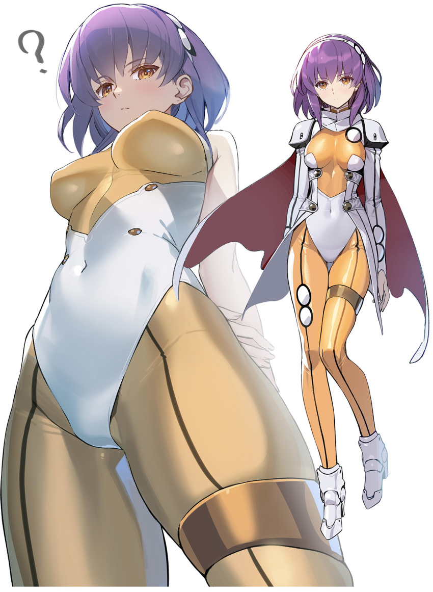 1girl, ?, arms_behind_back, blush, bodysuit, breasts, brown_eyes, cape, commentary_request, contrapposto, covered_navel, covered_nipples, cowboy_shot, hairband, highres, impossible_bodysuit, impossible_clothes, lambda_(langrisser), langrisser, langrisser_v, looking_at_viewer, medium_breasts, medium_hair, multiple_views, purple_hair, shoes, siino, simple_background, standing, thigh_gap, white_background, yellow_bodysuit