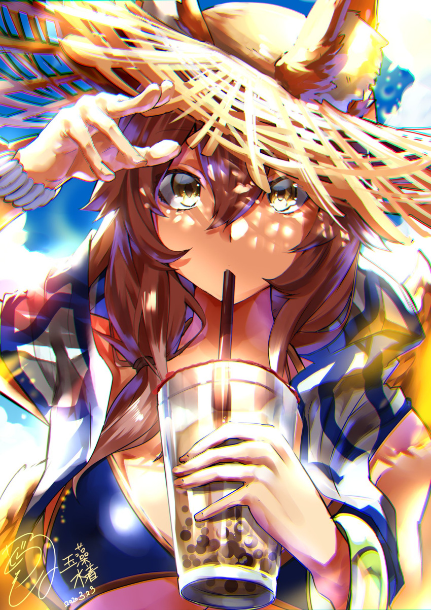 1girl, animal_ear_fluff, animal_ears, bikini, blue_bikini, breasts, dated, dorashieru