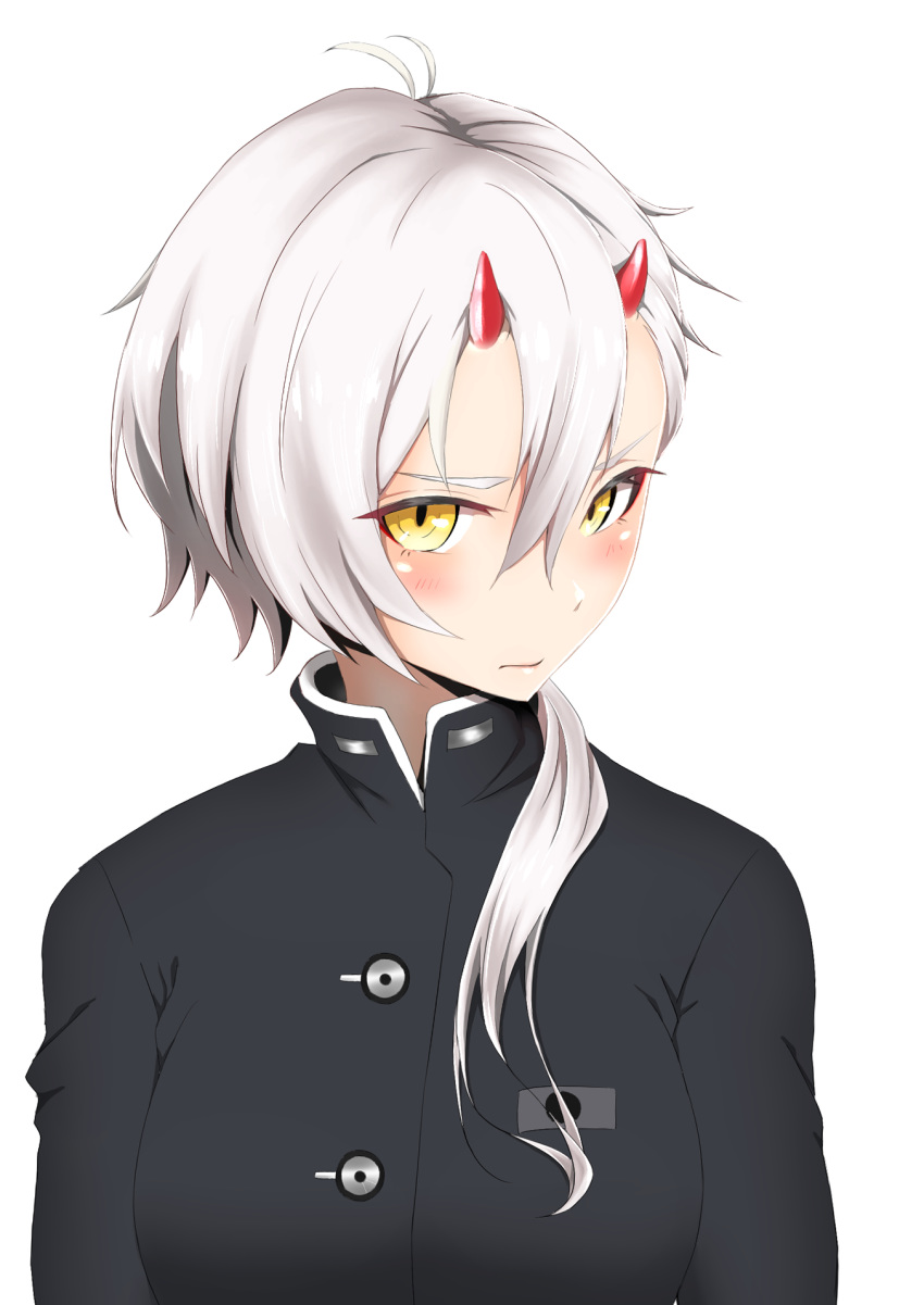 1girl, antenna_hair, azur_lane, bangs, black_shirt, blush, breasts, buttons