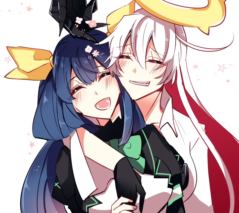 blue_hair, bow, breasts, closed_eyes, dizzy_(guilty_gear), gloves, guilty_gear, guilty_gear_xrd, hair_ribbon, halo, hug, jack-o'_valentine, long_hair, ribbon, s2cikn_(yuzu), smile, white_hair